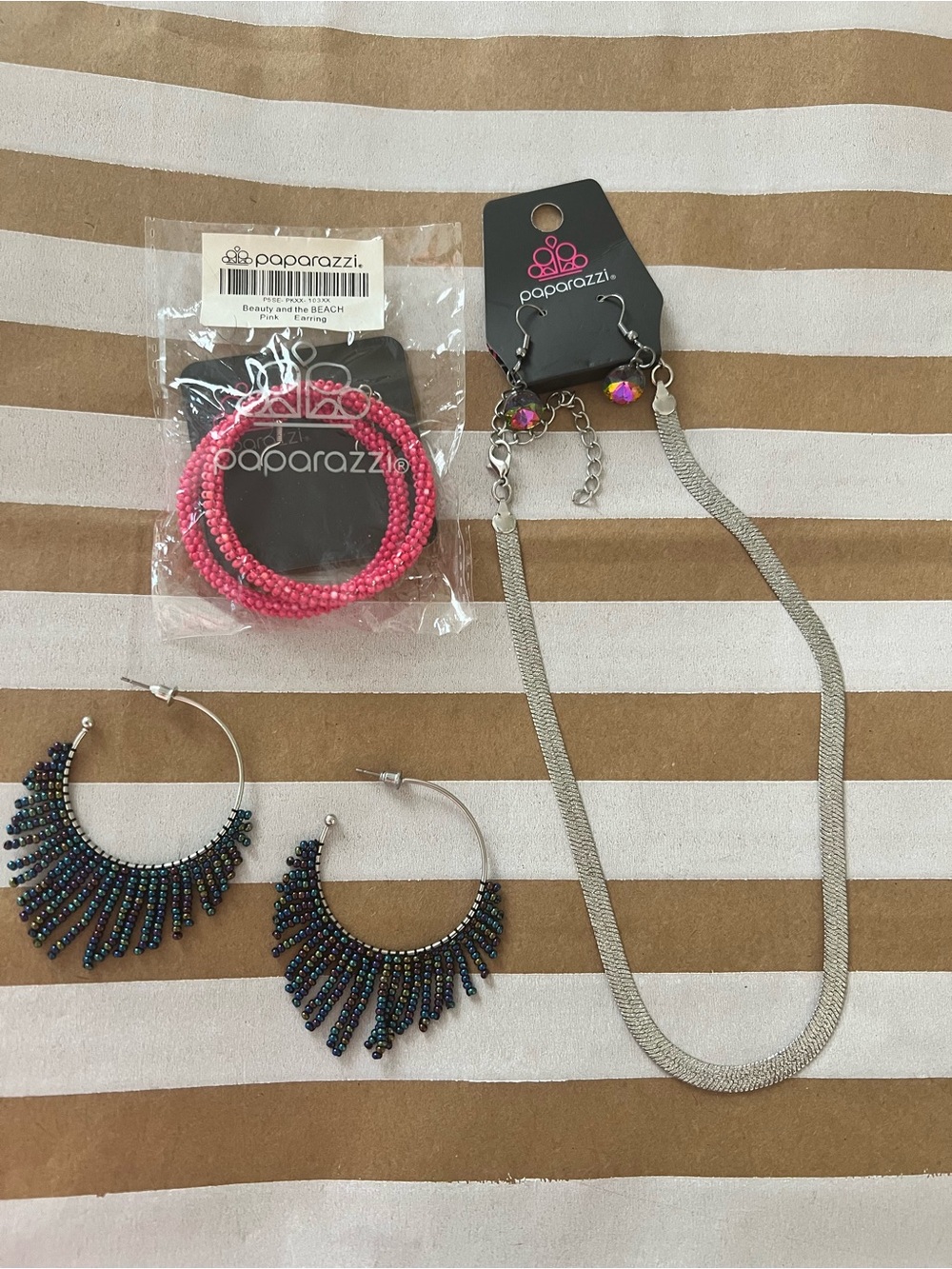 paparazzi Pink Seed Bead hoops, Beaded Silver Hoops and Silver Necklace Set